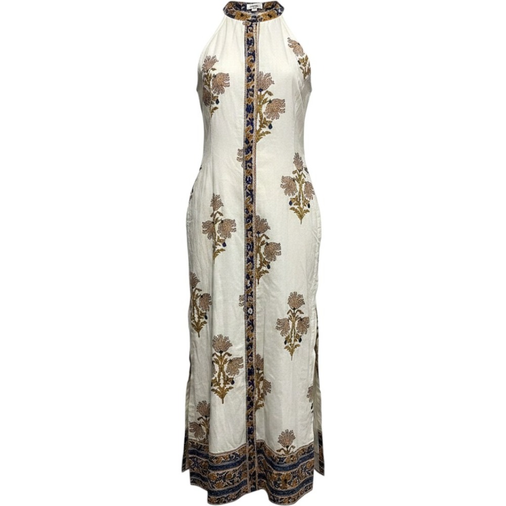 Biya Johnny Was Halter Maxi Tunic Dress XS White Floral Block Print Cotton Boho